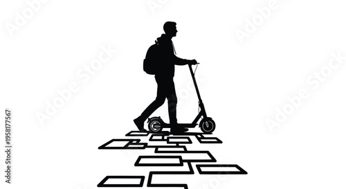 Minimalist silhouette of man riding electric scooter, modern urban commuter with backpack on city path, eco-friendly micro-mobility vector illustration