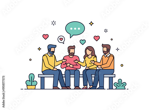 Group meetup adults sitting together on a small park bench sharing conversation while a speech bubble and small heart icons float above the group. The scene