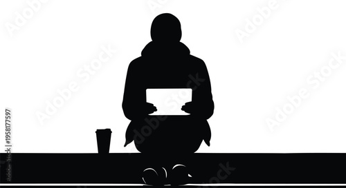 Minimalist silhouette of person working on laptop, digital nomad sitting with computer and coffee, remote worker freelancer vector illustration
