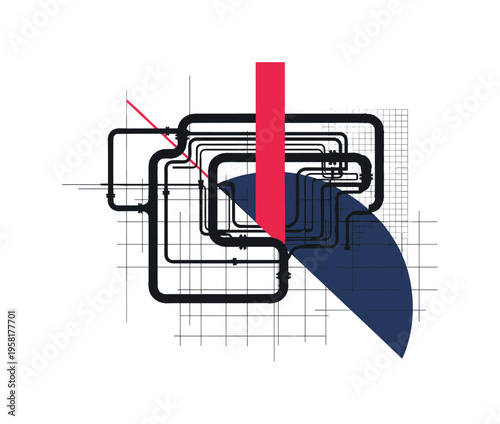 Conceptual pipeline infrastructure theme with black-and-white silhouette of pipes forming a geometric path, bold crimson vertical stripe intersecting with navy