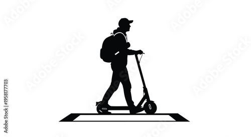 Electric scooter rider silhouette, man with backpack on kick scooter vector, urban commuter person on micro mobility vehicle, city transportation icon