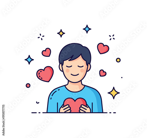 Blissful emotional state illustrated by a peaceful human silhouette surrounded by floating hearts and soft sparkle accents. Gentle symbolic scene capturing