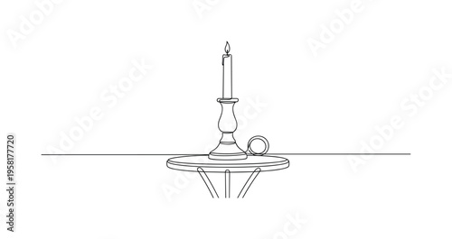 Outdoor Candle Holder. Minimalistic one-line drawing outdoor candle holder placed on a garden table, continuous single black line on white background, simple