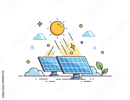 Sunlight falling on solar panels in a sustainable energy scene, conveying clean energy, innovation, and the essential role of sunlight for powering the future.