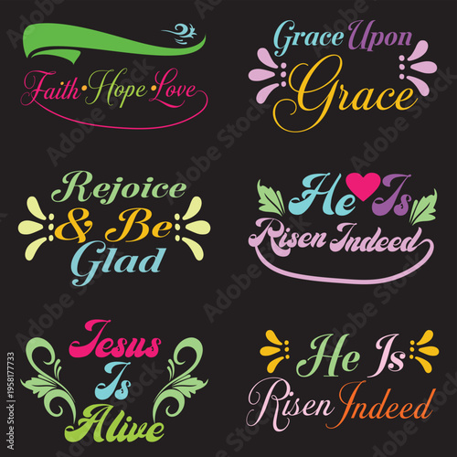 Easter Christian  Quotes  Color dark black and white set. Minimal black  white dark color Easter Christian  quote set featuring resurrection messages for clean, elegant religious designs and printing.