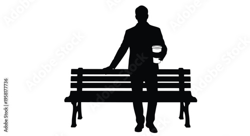 Businessman silhouette standing by park bench with coffee cup, professional man in suit resting outdoors, urban male figure vector illustration