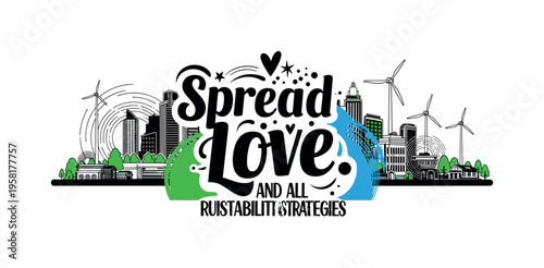 urban skyline with green roofs and wind turbines abstract circles lines and geometric shapes representing integrated sustainability strategies black and white