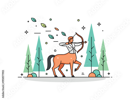 Centaur hunter in magical forest elegant centaur pulling back an arrow while standing between tall stylized trees and drifting leaves. Fantasy scene