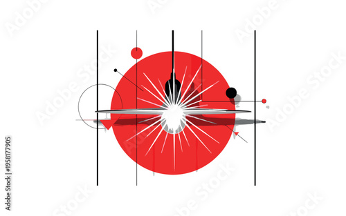 Close-up monochrome hanging pendant light centered in frame, framed by a bold red circle and thin vertical structural lines, intense flash of light radiating