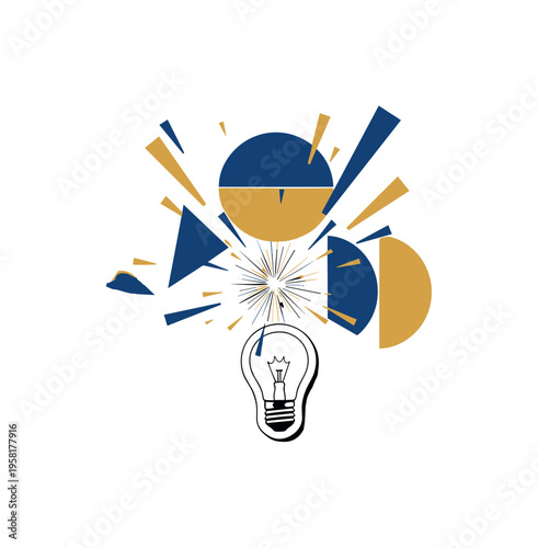 monochrome starburst light flicker emerging from a small bulb-like object, white outline cut-out effect, geometric semicircles and fragmented rays forming