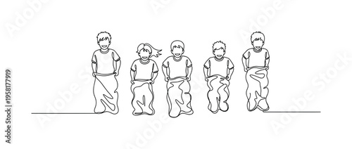 Sports Day Sack Race. Minimalistic one-line drawing children jumping in sacks during a fun sports day race event, continuous single black line on white