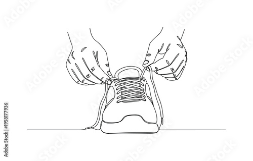 Lace Tightening Action. Minimalistic one-line drawing fingers pulling shoelaces tight on athletic footwear, continuous single black line on white background,