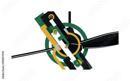 A monochrome close-up of a single ceiling fan blade angled diagonally, blade intersecting with abstract rectangular blocks and circular forms suggesting