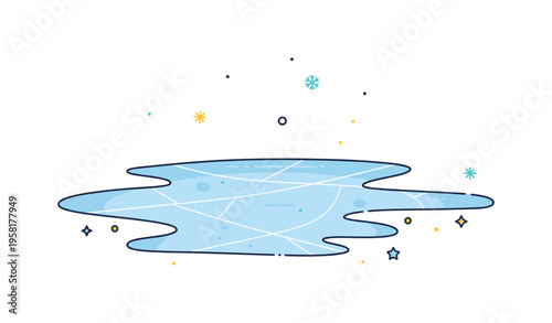 Frozen water surface showing a smooth icy sheet with subtle crack patterns and tiny snowflake accents drifting above. The illustration captures the still and
