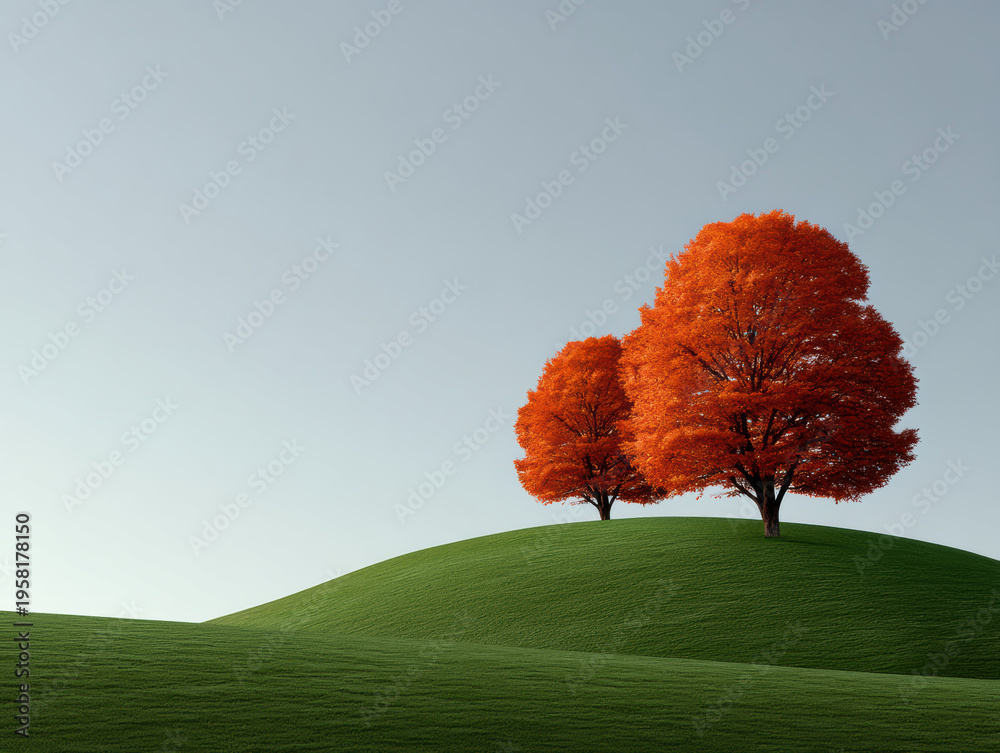 Fototapeta premium Two vibrant orange trees stand on green hill under clear sky, creating peaceful and idyllic landscape scene