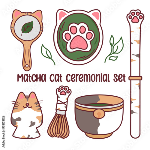Calico cat themed matcha tea ceremonial set icon collection