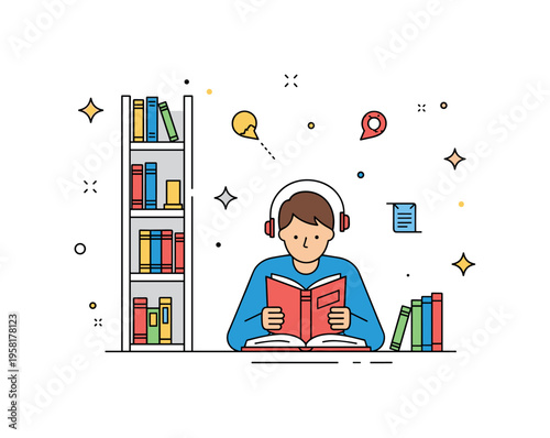 Quiet reading environment a person sitting at a small desk with an open book while bookshelf shapes and subtle sparkle icons highlight calm concentration.
