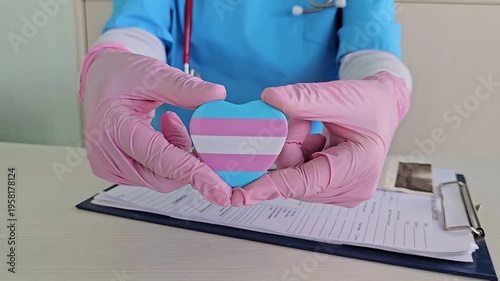 A healthcare worker holds a heart-shaped symbol representing transgender pride in a clinical setting