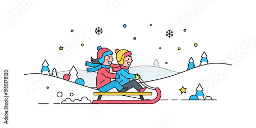 Children sledding in winter happy kids sliding together on a bright sled while snowy hills and scattered snowflakes create a lively winter landscape. The scene
