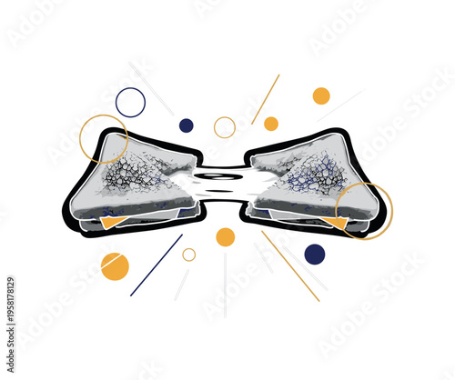 black and white grilled cheese sandwich being pulled apart with melted cheese stretching, cut-out collage effect with white outline, circular halos and thin