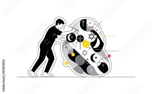 human figure sketching religious motifs abstract circles lines and geometric shapes representing influence of faith on artistic creation black and white retro