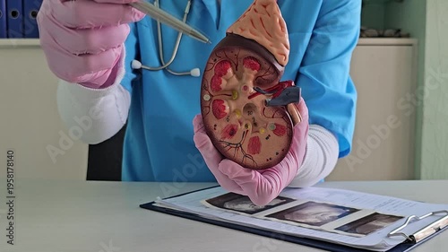 Learning about human kidney structure in a medical training session with a 3D model