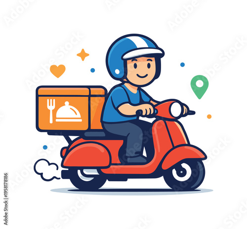 Food delivery scooter driven by a courier wearing a helmet and smiling, communicating human touch, safety, and reliability behind digital services. The