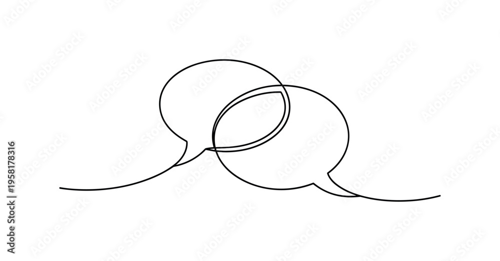 Obraz premium Speech Bubble Connection. Minimalistic one-line drawing two overlapping speech bubbles linked by curved line representing dialogue bridge, continuous single