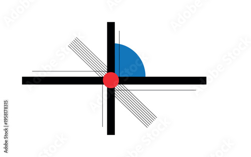 Black and white geometric cross formed by intersecting lines, bold red circular accent at the center intersection, blue semicircle framing upper quadrant, thin