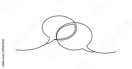 Speech Bubble Connection. Minimalistic one-line drawing two overlapping speech bubbles linked by curved line representing dialogue bridge, continuous single