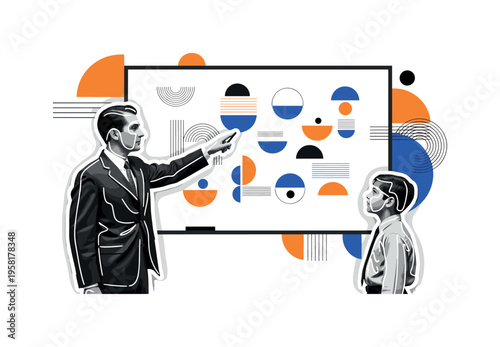 teacher pointing at whiteboard with foreign words abstract circles lines and geometric shapes representing classroom language instruction black and white retro