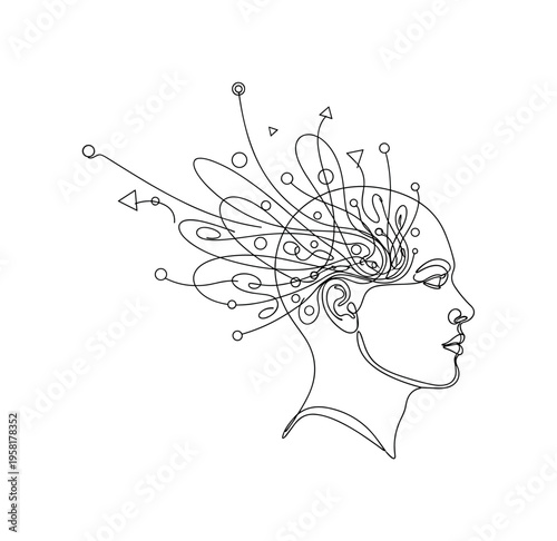 Consciousness Expansion. Minimalistic one-line drawing human head with aura and abstract lines symbolizing metaphysical awareness, continuous single black line