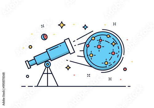 Astronomical data mapping illustrated by a telescope icon projecting toward a circular star map with small highlighted points, symbolizing observation and