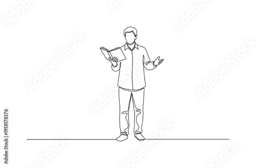 Literary Event Performance. Minimalistic one-line drawing poet holding a book and reciting poetry on stage during a literary gathering, continuous single black