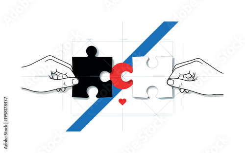 Black and white two puzzle pieces fitting together held by separate hands, bold red circle highlighting connection point, blue rectangular bar crossing