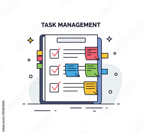 Task management scene featuring a planner page with a checklist and colorful sticky notes marking important tasks. Simple productivity concept highlighting