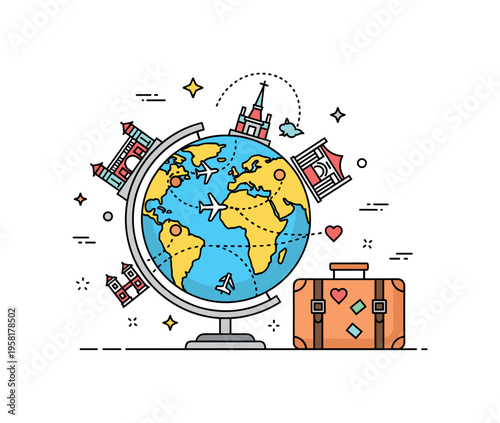 Travel around the world concept illustrated by a globe with dotted flight paths connecting small landmark icons and a suitcase nearby. Cheerful travel scene