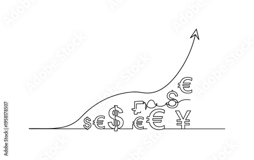 Economic Inflation Curve. Minimalistic one-line drawing curved economic line rising above simple currency shapes representing inflation growth, continuous
