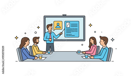 Team presentation in conference room professional presenting information on a large screen while colleagues sit around a meeting table listening attentively
