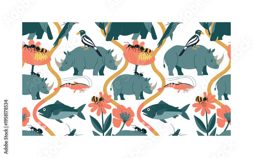 symbiotic wildlife interactions seamless pattern, oxpeckers on rhinos, shrimp with fish, bees on flowers, and ants with aphids arranged in a repeating pattern,