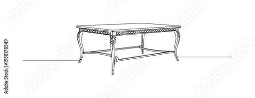 Metallic Coffee Table Detail. Minimalistic one-line drawing modern coffee table with metallic legs and decorative accents, continuous single black line on
