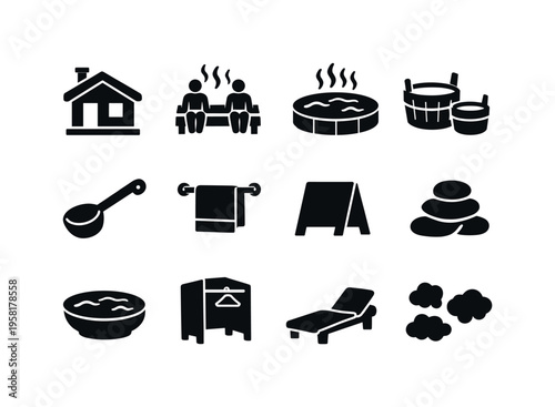 Bathhouse. Solid icon set of Bathhouse: bathhouse building, steam room, hot bath pool, wooden buckets, bath ladle, towel hanger, entrance sign, stone steps,