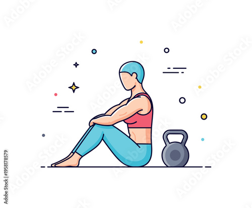 Strength and serenity concept illustrated by a toned figure seated peacefully with a small kettlebell placed beside them, symbolizing the transition from