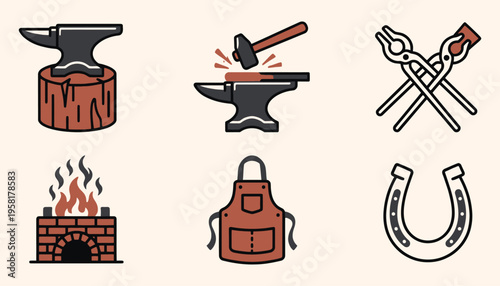 Blacksmithing tools icon set with anvil and hammer