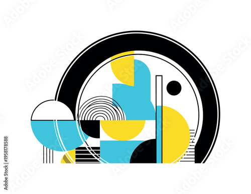 close-up of colorful smoothie bowl abstract semicircles lines and geometric blocks symbolizing health-conscious food trends black and white retro dish object