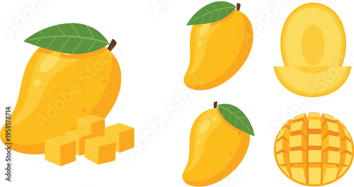 Mango fruit collection with cubes, slices, half and whole variations flat style vector illustration set