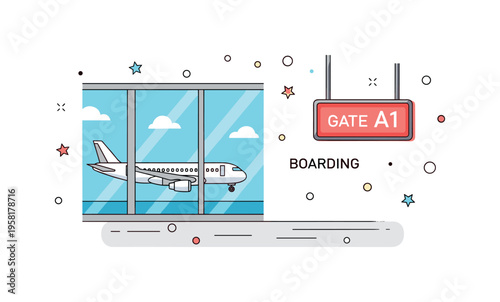 Airport departure gate scene with airplane visible through a large window and subtle boarding sign reading Gate A1. A modern concept badge about anticipation,