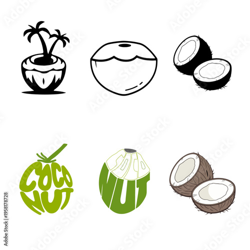 Set of minimalist coconut vector icons and logo designs featuring palm trees, sliced nut shells, green typography art, and tropical fruit symbols isolated on white for branding and design