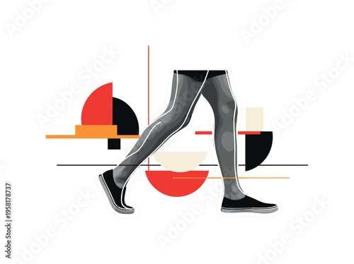 human legs crossing busy street abstract semicircles lines and geometric blocks symbolizing everyday urban rhythm black and white retro legs with white outline