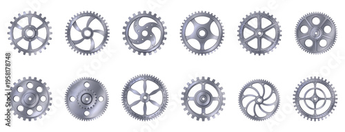 Collection of metallic gears in different designs. Each cogwheel displays unique patterns and structures with a shiny silver texture. Ideal for engineering visuals.